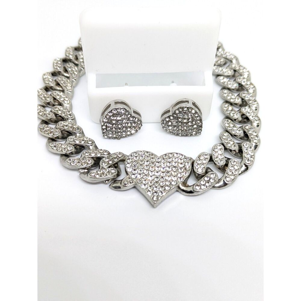 Iced Out Heart Cuban Link (9in) Bracelet & Earring CZ Silver Tone set for Women